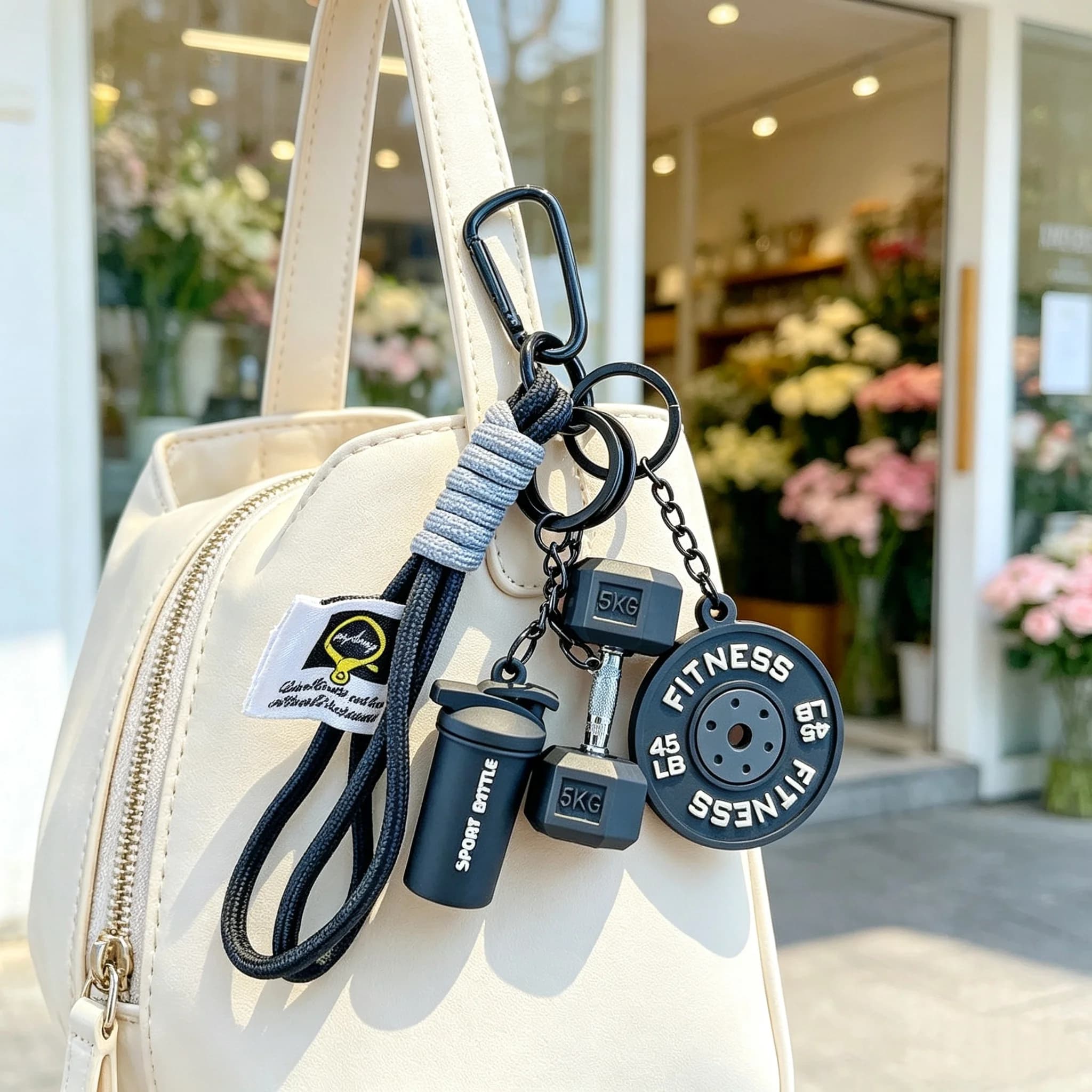 Mini Fitness Dumbbell Weight Plate Keyring Cartoon Gym Water Bottle Charm Daily Bag Wearing Accessories