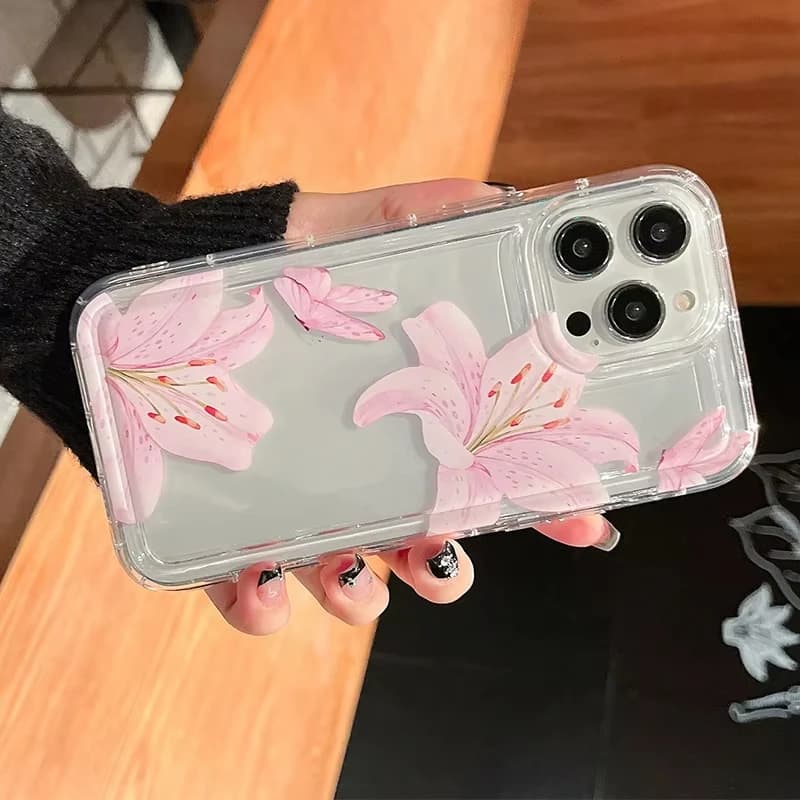 Pink Flower Lily Phone Case For iPhone 17 Air 16 15 14 11 Pro Max Plus 13 12 Mini Xs Transparent Shockproof Soft TPU Clear Cover