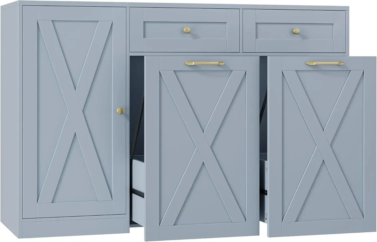 Trash Can Cabinet Double Tilt Out Recycling Bin Organizer, Kitchen Island Storage Cupboard Utility Station, Pet Proof Odor Control Sideboard Furniture, Farmhouse Style, Blue, One Piece Set