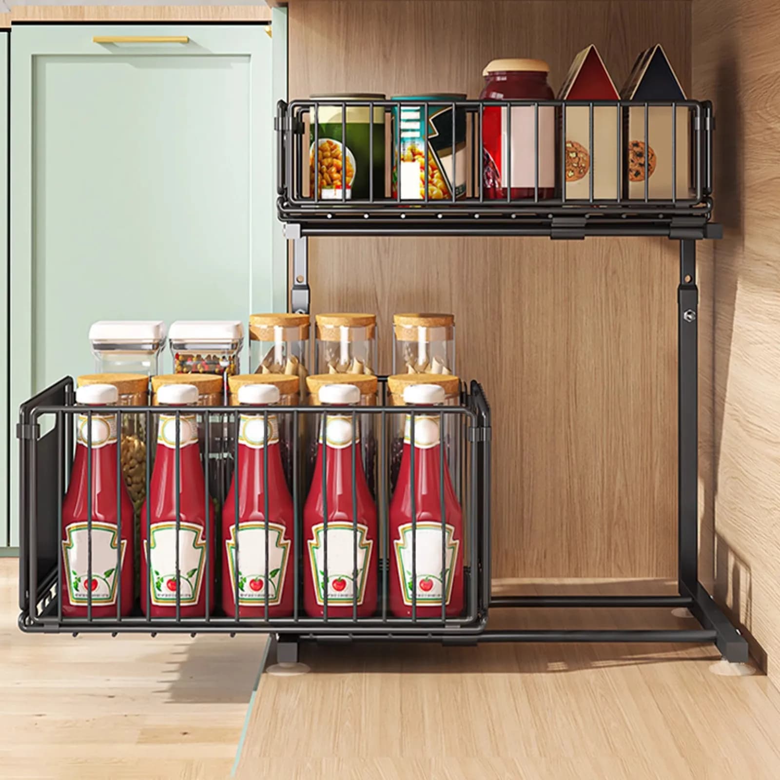 Height Adjustable 2-Tier Cabinet Organizer Shelf Sliding Mesh Drawers Metal Pull-Out Storage Rack for Kitchen Pantry Bathroom Pantry
