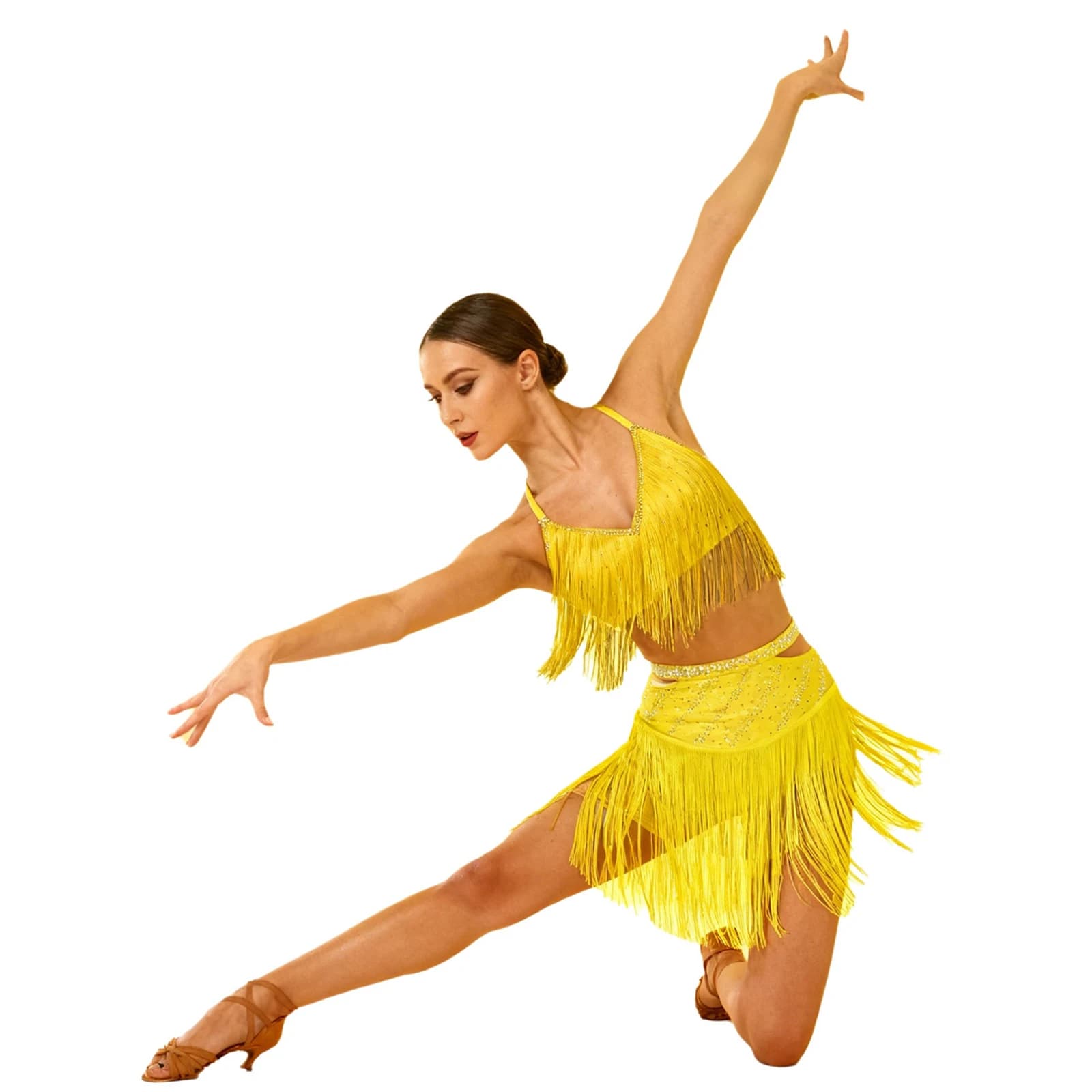 Abiti da performance di danza latina con nappe da tango da donna, top corto con frange senza maniche e gonna elastica in vita per abbigliamento da ballo Cha-cha