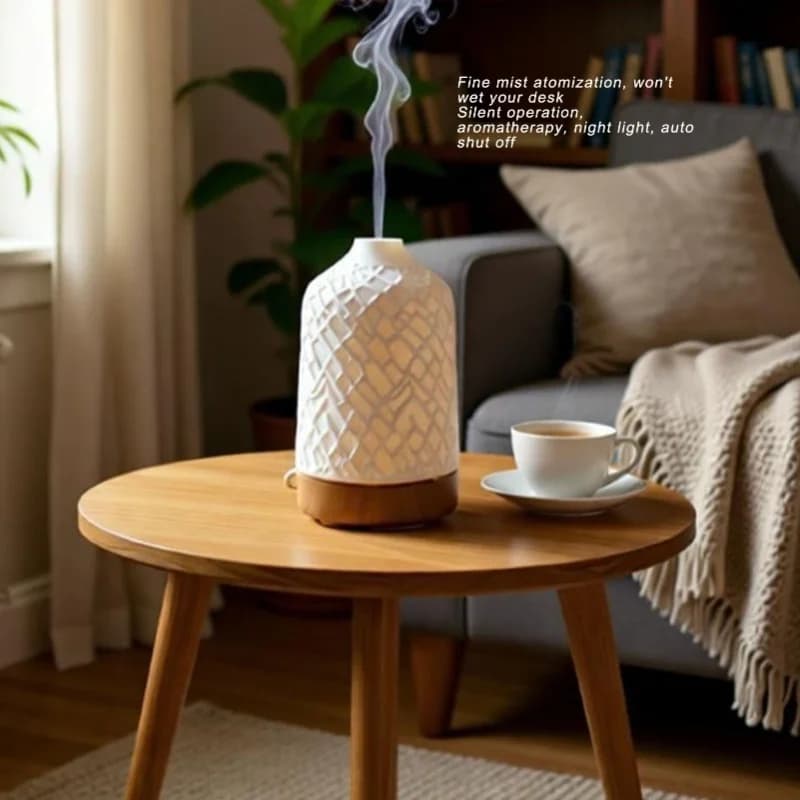 Essential Oil Diffuser Ceramic Wood Grain Aromatherapy Diffuser Scent Cool Mist Humidifier With Light For Home Office 110-240V