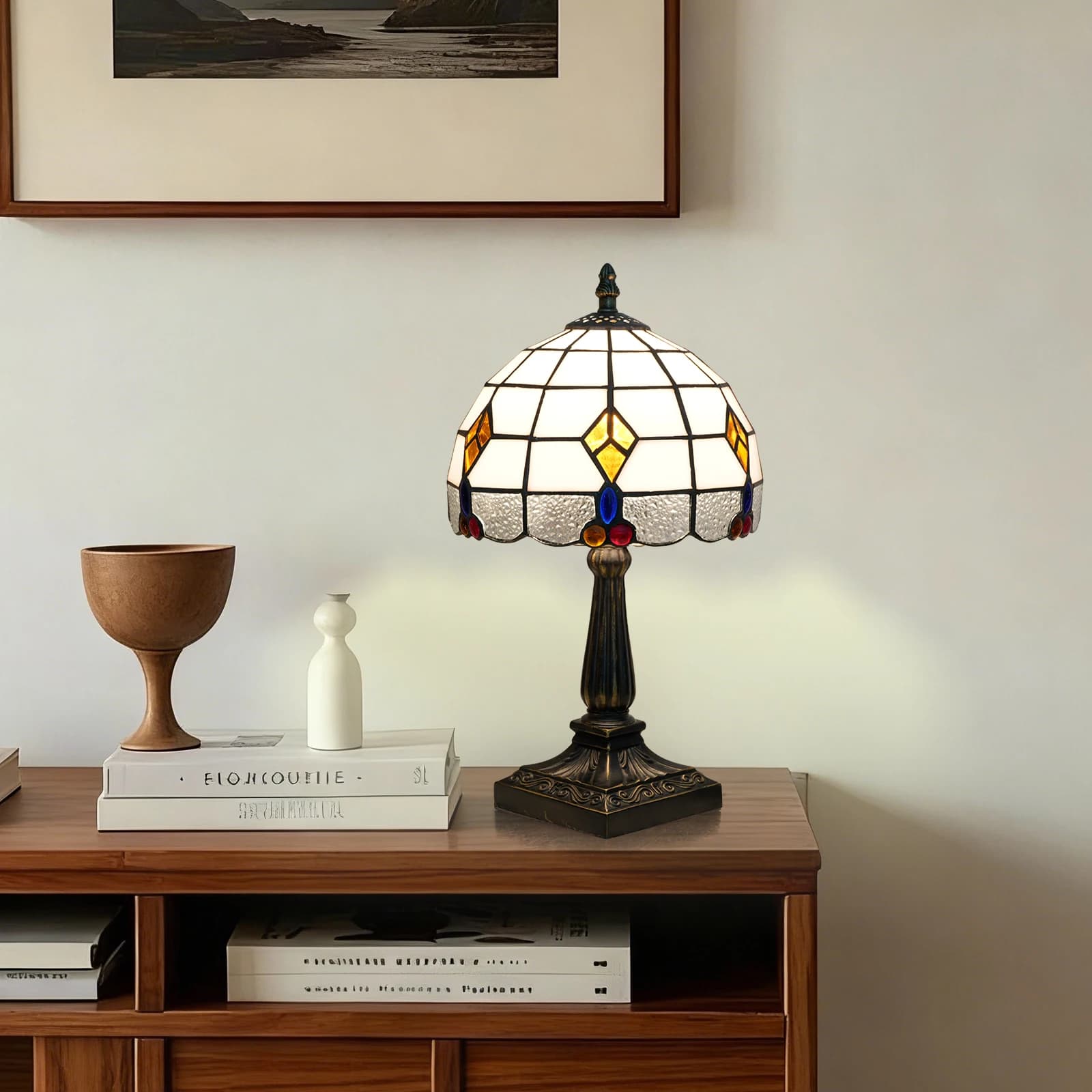 Small Tiffany Lamp Stained Glass Table Lamp Crystal Square Style,20cm Wide Lamp Shade Vintage Table Lamp for Bedroom Bedside