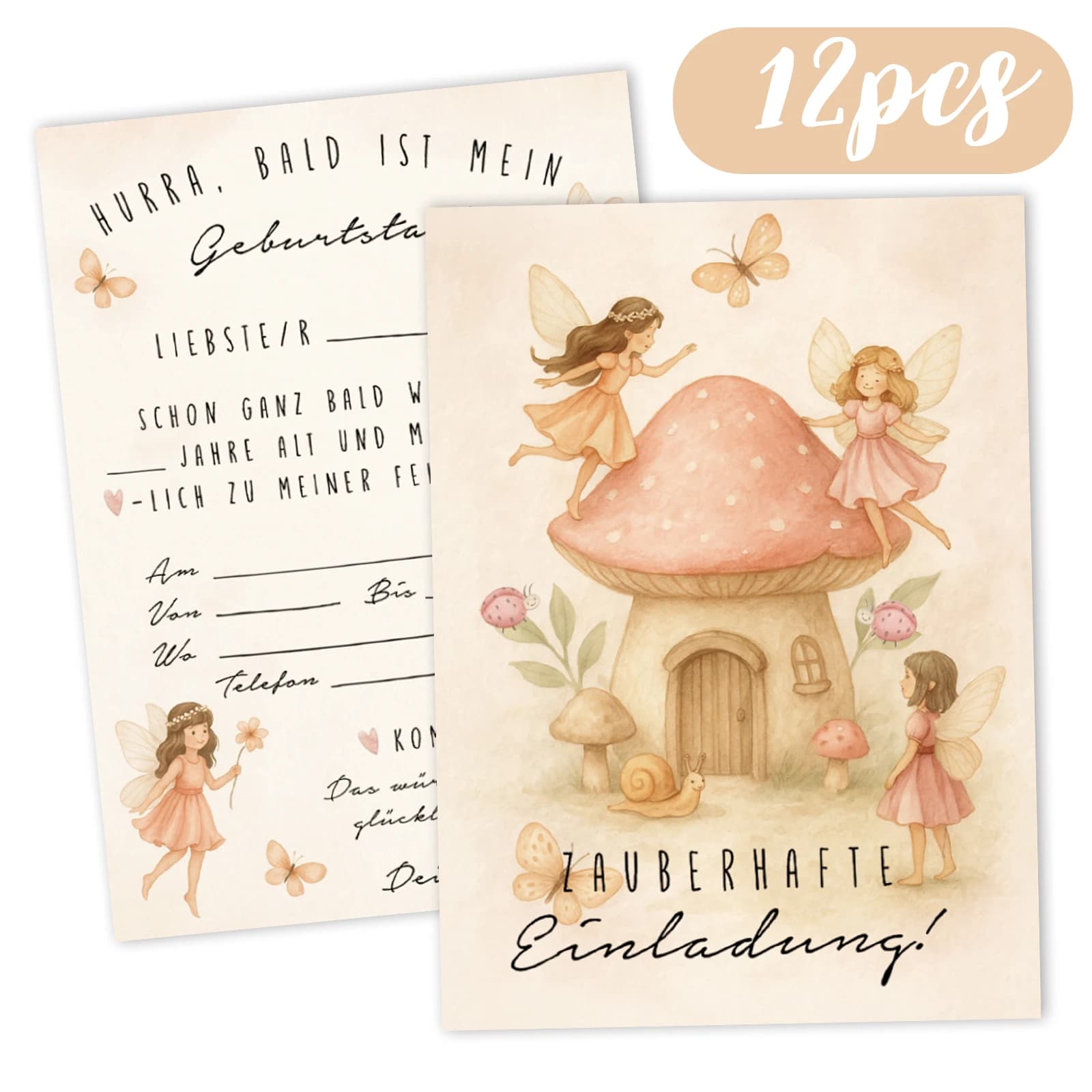 12pcs exquisite "Fairy" themed birthday invitation cards, warm and dreamy colors, suitable for fairy parties, magic forests, or