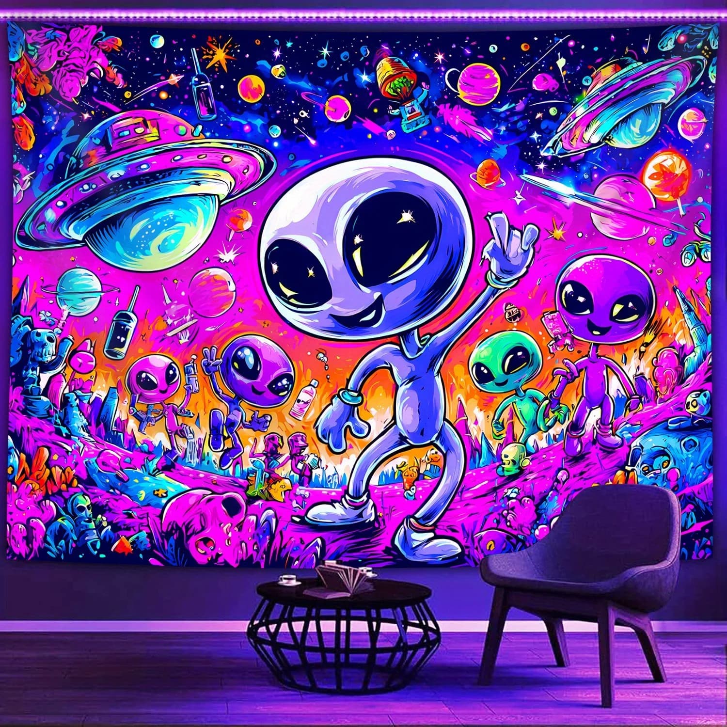 Alien Party Wall Tapestry Cosmic Fun Art Neon UFO Design Psychedelic Space Decor For Bedroom And Festival Vibes