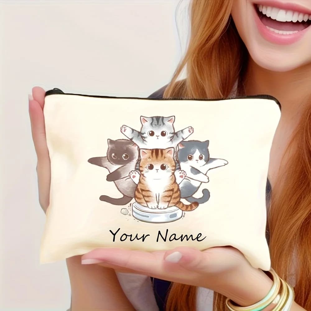 Personalized Name Cosmetic Bag Custom Cute Stacked Kittens Print Zipper Pouch Women Travel Makeup Storage Purse Cat Lover Gift