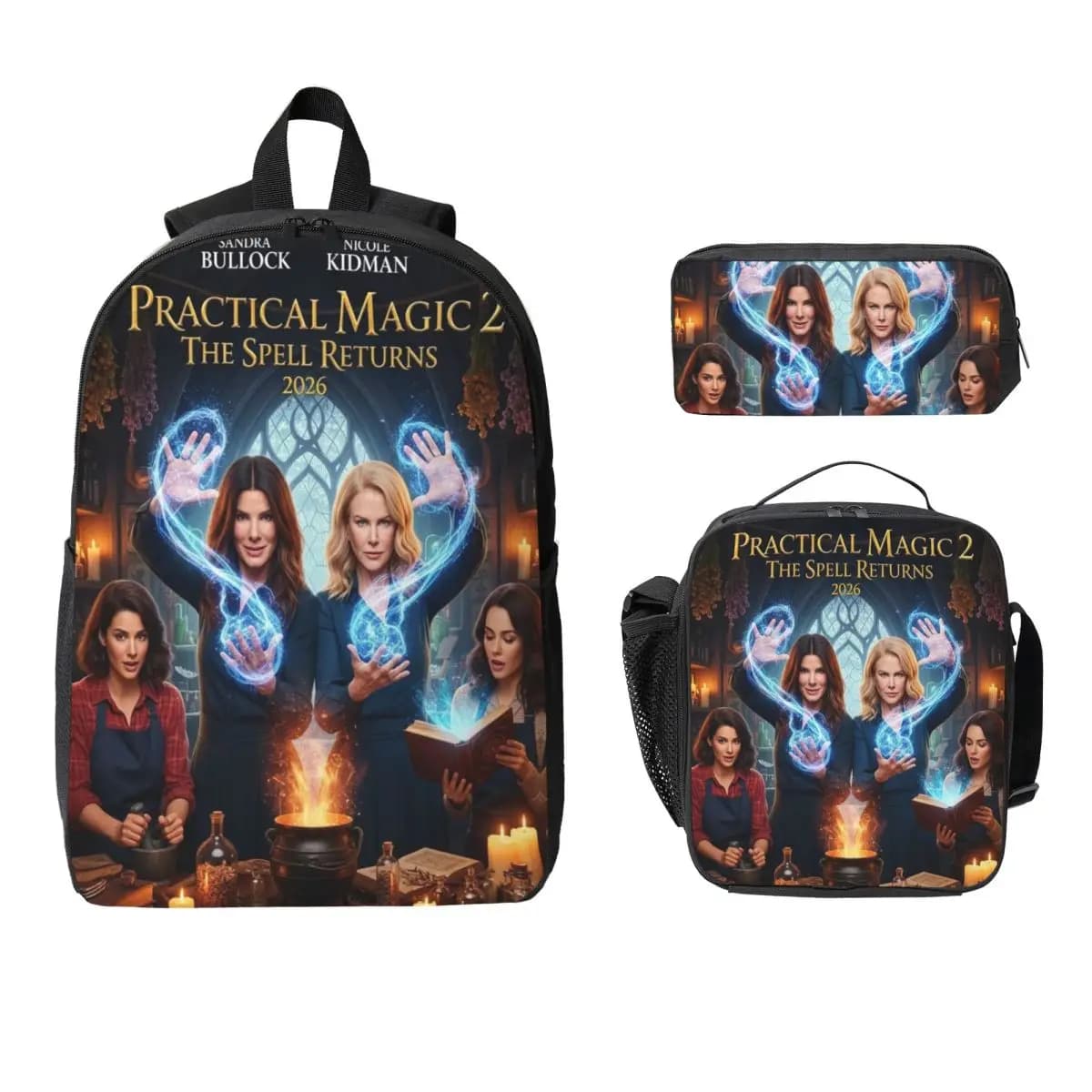 3Pcs Practical Magic 2 Theme Backpack Set for Boy Girl Pencil Boxes Bookbag Sets with Lunch Box For School Students Daypack