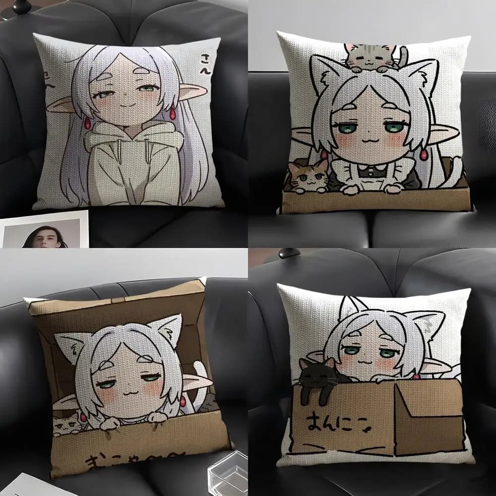 Fodera per cuscino Kawaii Frieren Anime Lino naturale Tessuto organico Stampa fronte-retro Divano Decorazioni per la casa Fodera per cuscino regalo