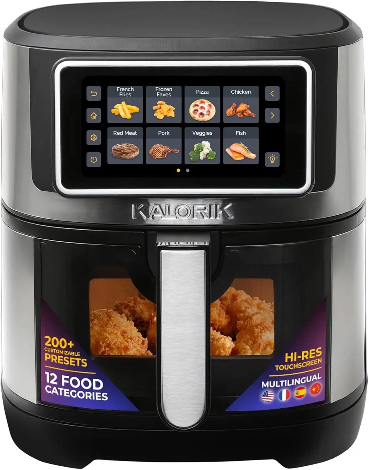 7-Quart Air Fryer with High-Resolution Touchscreen, 200 Cooking Presets across 12 Food Categories, View Window, 1500W, Stainless