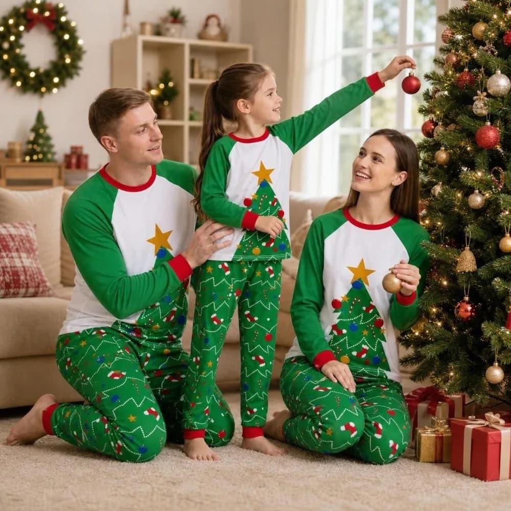 Soft Long Sleeve Christmas Pyjamas Set Christmas Tree Socks Family Matching Pyjamas Printed Stars Top+Pants Men Women
