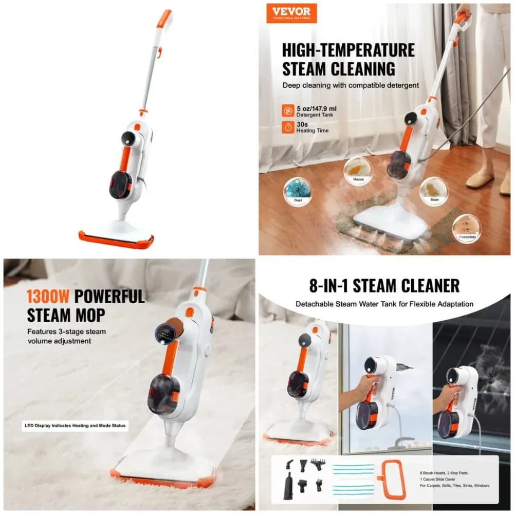 Steamed skirt with 7 heads, hard floor cleaner 8 in 1 for wood, ceramic, granite, marble, linoloro – Includes 2 washable bearings