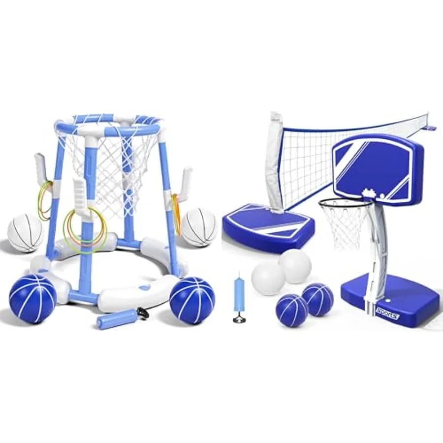 Rete da pallavolo e canestro da basket 2 in 1 per piscina esterna, materiale in PVC ed EVA, blu e giallo, con base appesantita.