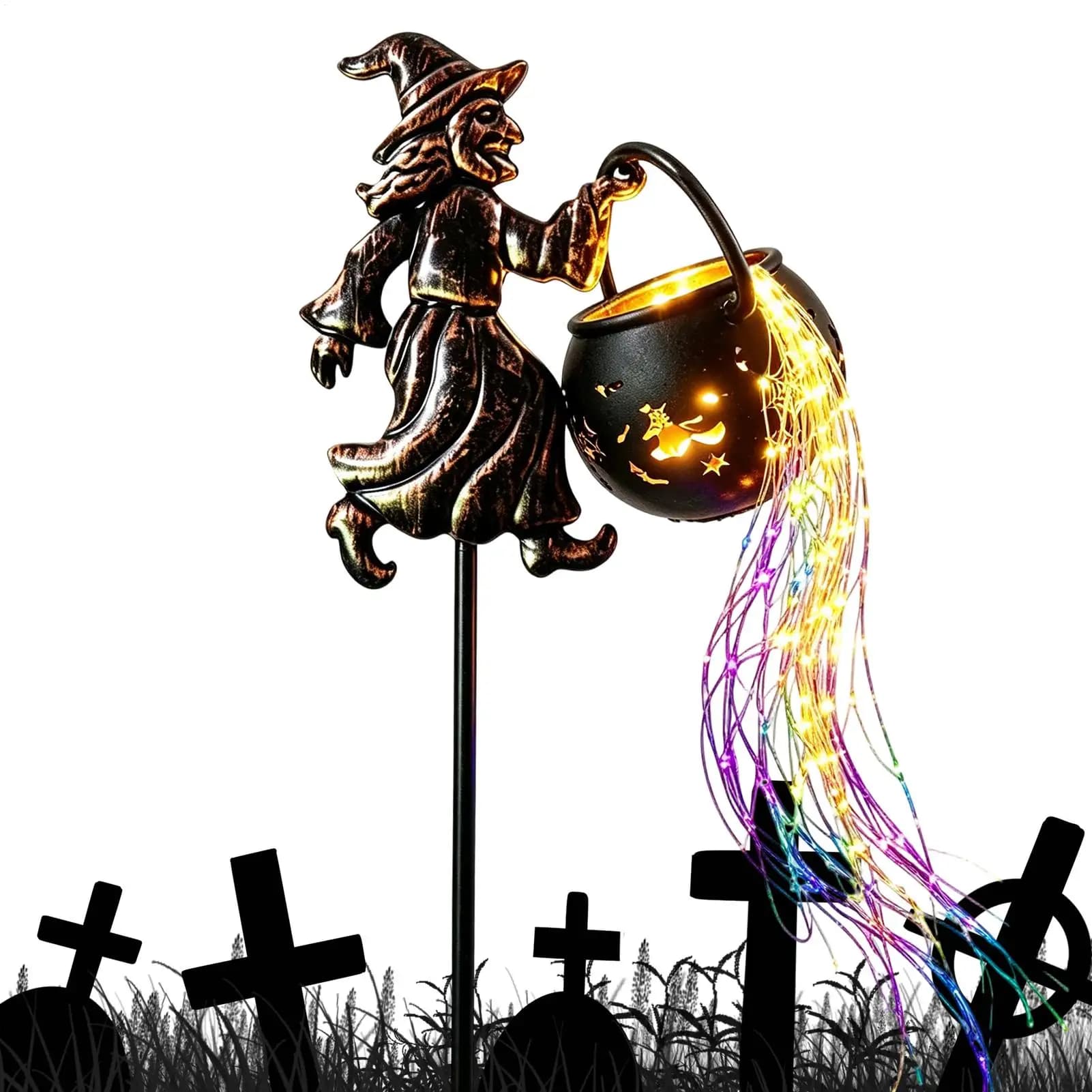 Flying Witch Cauldron Garden Light LED String Light Halloween Outdoor Decorations Whimsical Gnome Statue, Patio Yard Art
