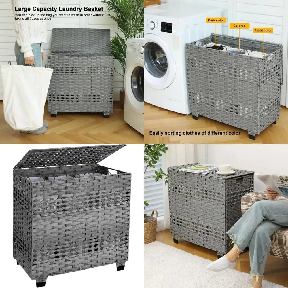 Grey Style 140L wicker basket with Cover and 3 removable bags, 27x13x26 Inches