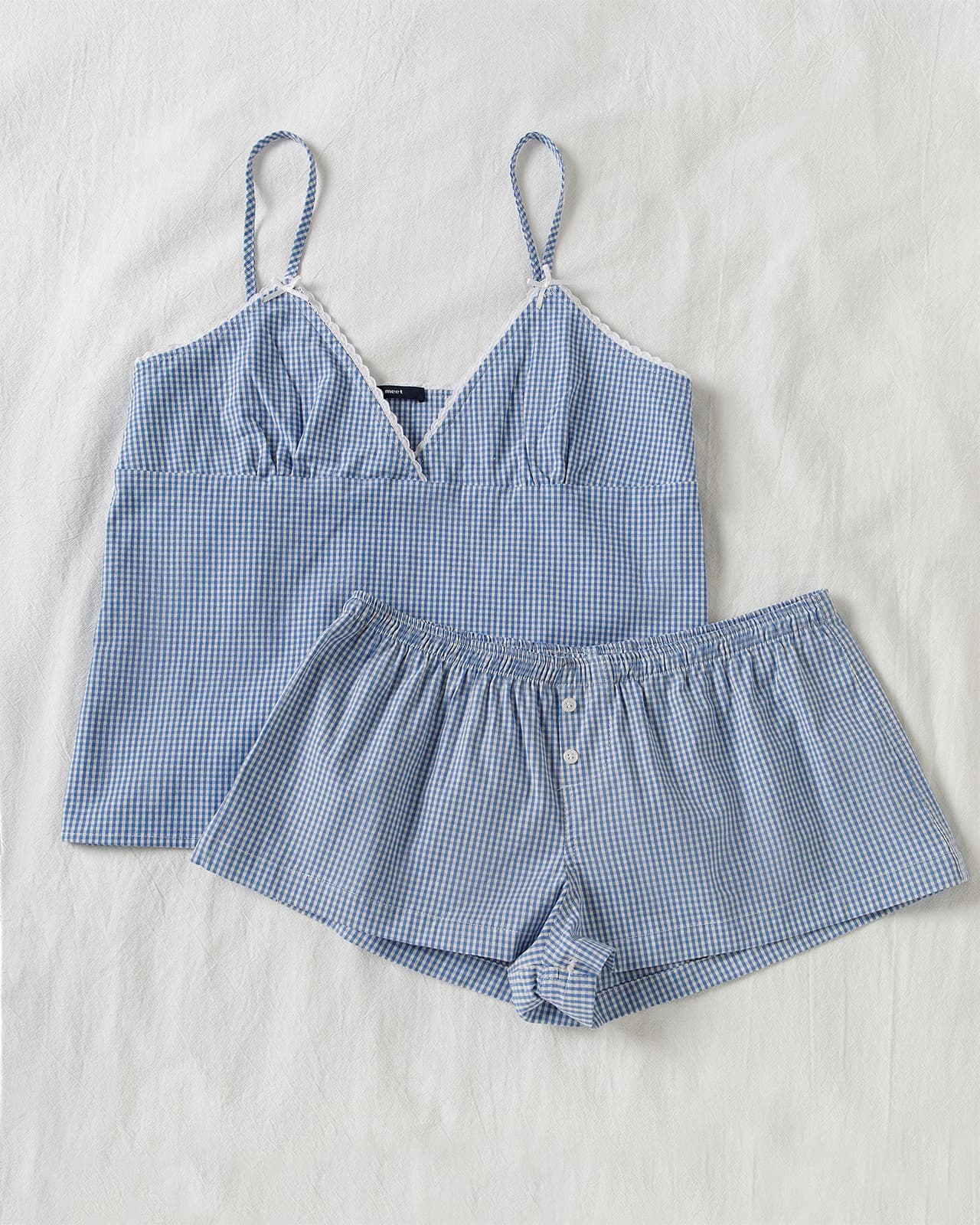 Pantaloncini scozzesi blu Set da 2 pezzi Donna con finiture in pizzo Scollo a V Doppi fiocchi Fasciatura Canotta + Bottoni Pantaloncini Estate Dolce Casual Abiti per la casa
