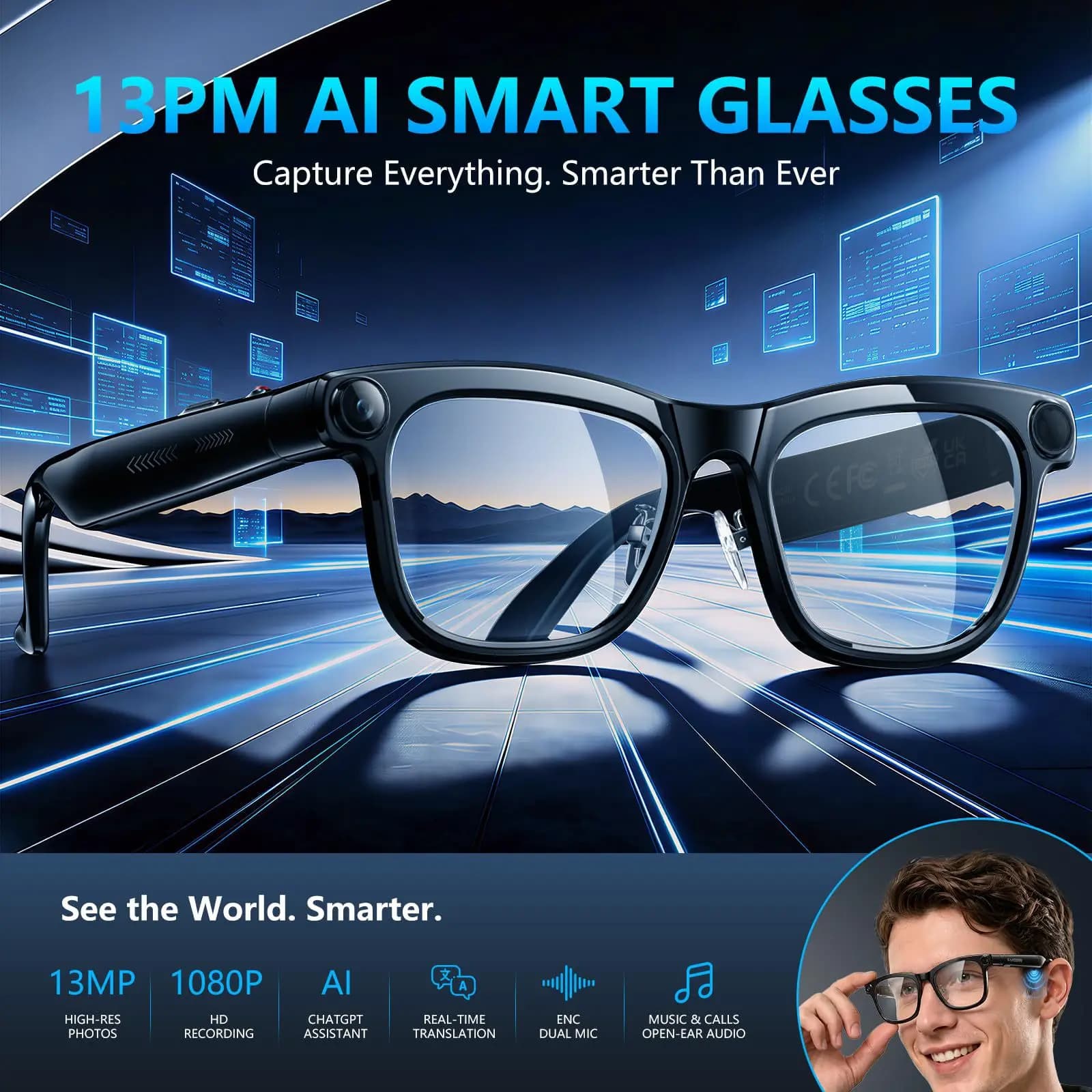 M08E Smart Glasses 13 Million Pixel Shooting Video AI Q & A to Adapt to Head Circumference Smart Shooting Glasses