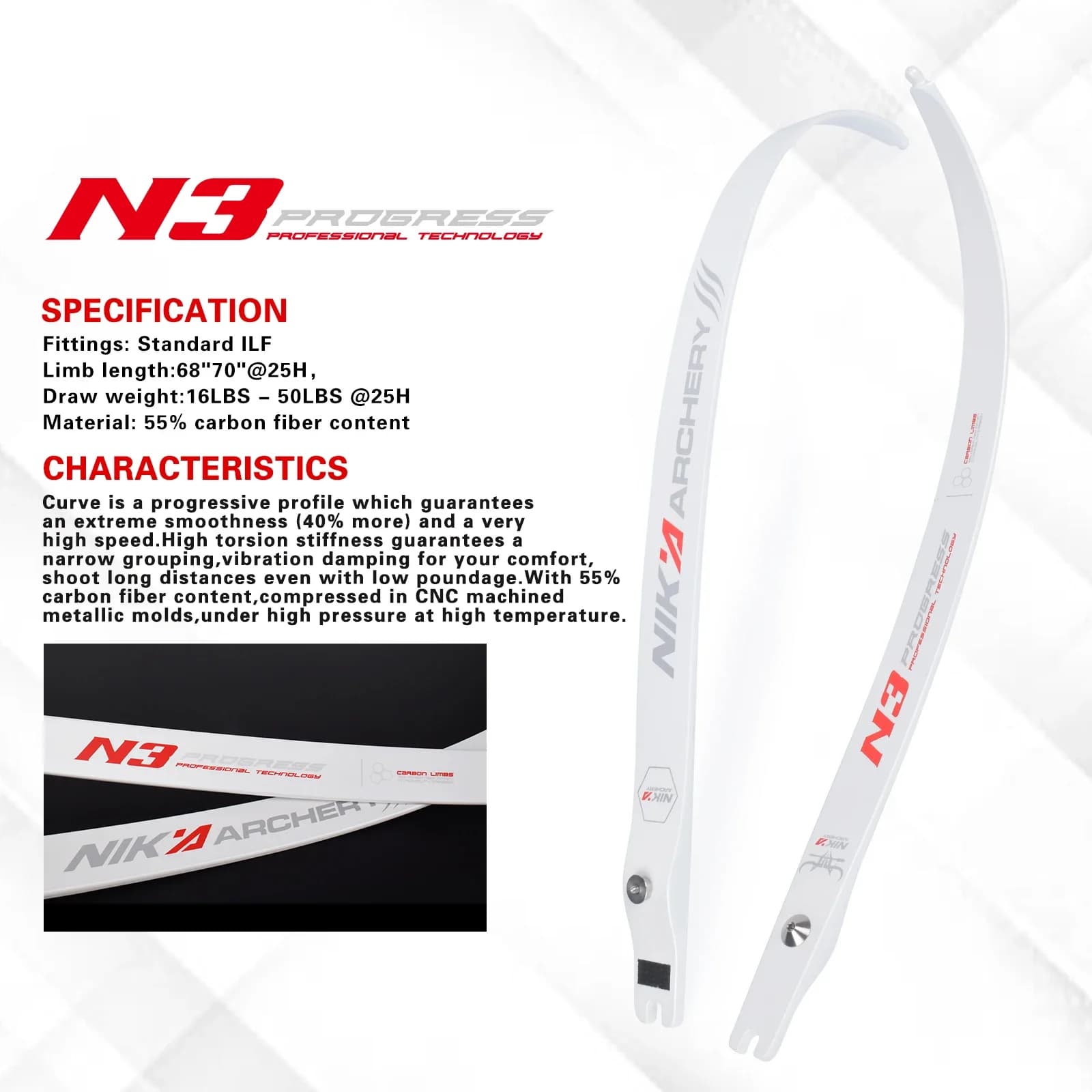 68/70" N3 NIKA ARCHERY Arco ricurvo Arti Progress Series con contenuto in fibra di carbonio al 55% Peso di disegno delle arti 16-50 libbre NUOVO