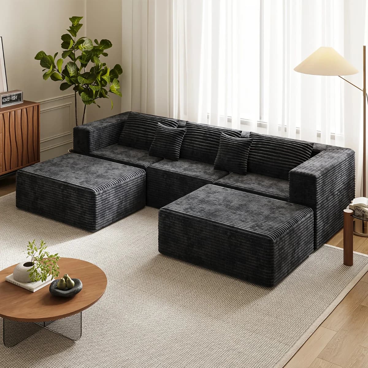 5pcs U-Shaped Living Room Sofa Set: Modular Sofa Bed with Memory Foam Cushions And Corduroy Fabric, Boneless Frame