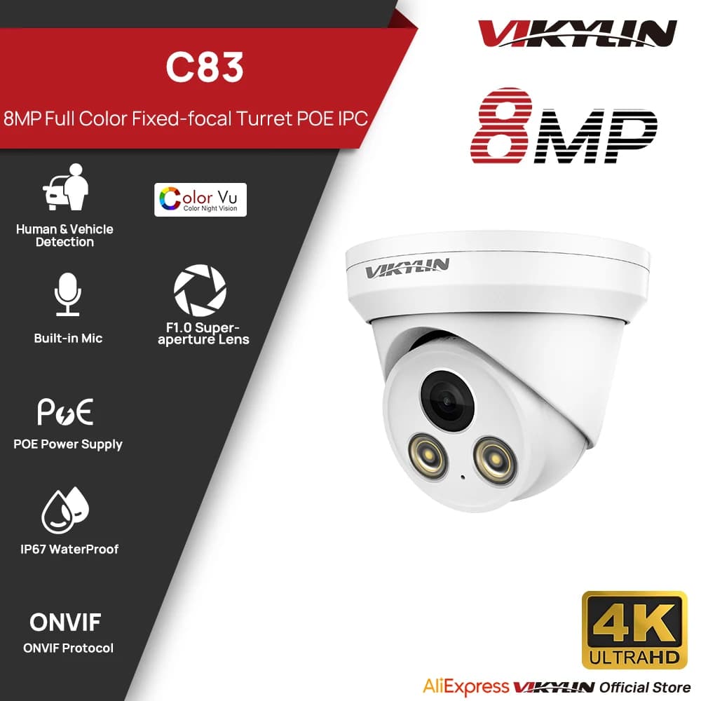 Telecamera IP VIKYLIN 8MP a colori per esterni POE H.265 Onvif grandangolare 2.8mm con rilevamento umanoide AI per videosorveglianza domestica