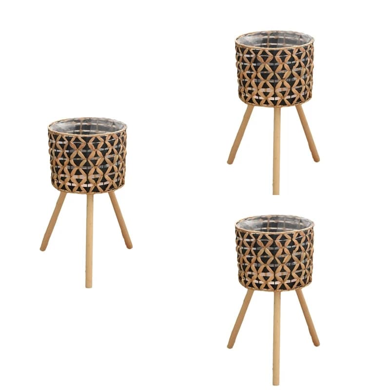 AS94-Supporto per fiori intrecciato a mano in rattan di legno da pavimento per balcone vaso per piante soggiorno cesto per piante verde