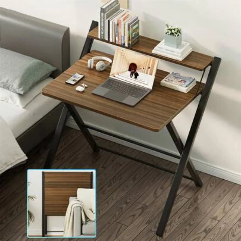 Folding Study Writing Desk Portable Compact Computer Desk with Storage Shelf Space Saving for Bedroom Office Small Narrow Space Laptop Table Workstation Home Dormitory Sturdy Steel Frame Easy Assembly