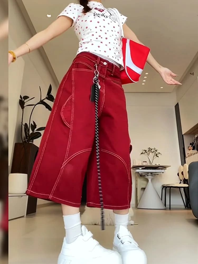 American Retro Red Multi-Pocket Work Pants Women Sexy Design Loose BF Lazy Style Casual Seven-Quarter Pants High Waist Jeans