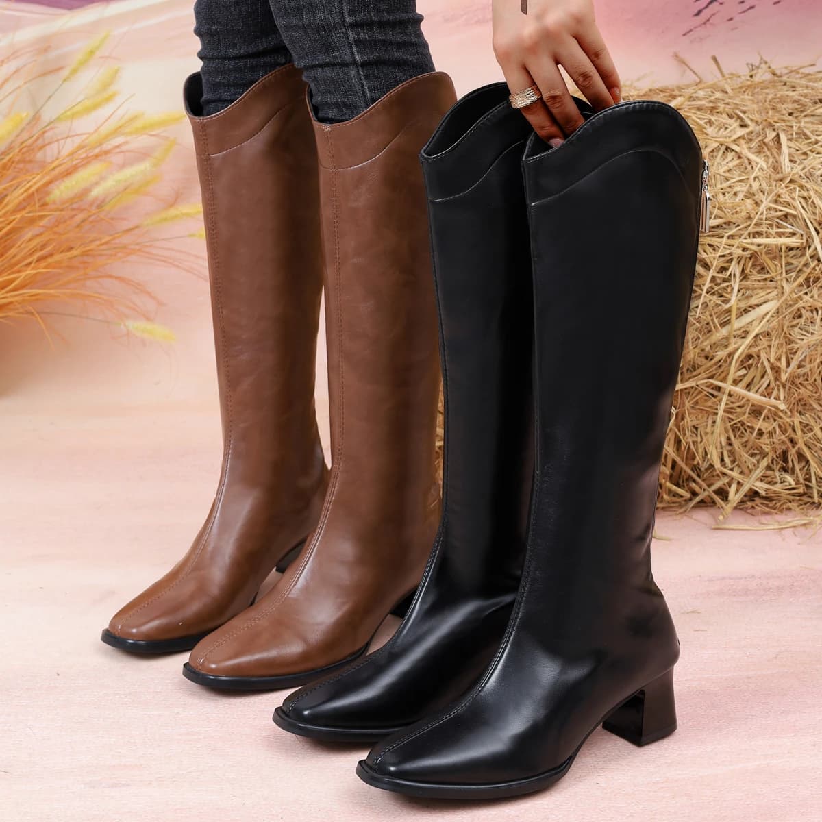Fashion New Round Tip Sexy Zipper Square Heel Walking Boots Casual Winter Comfortable/Elegant Central Tube Anti-slip Boots for Women