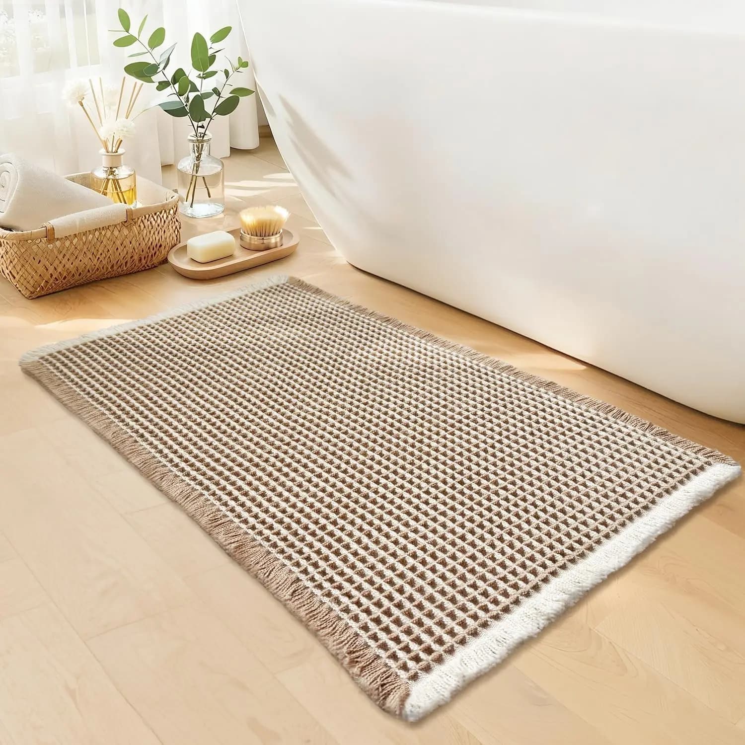 Tappetino da Bagno Waffle - Antiscivolo, Lavabile, Super Assorbente ad Asciugatura Rapida, Decorazione Boho Farmhouse 18x30 Kaki Bianco
