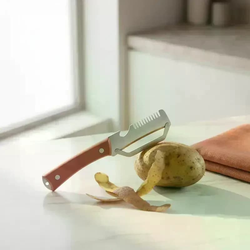 Coltello Sbucciatore Multifunzione 3-in-1 con Lama Seghettata, Sbucciatore per Verdure Premium, Apribottiglie, Utensile da Cucina