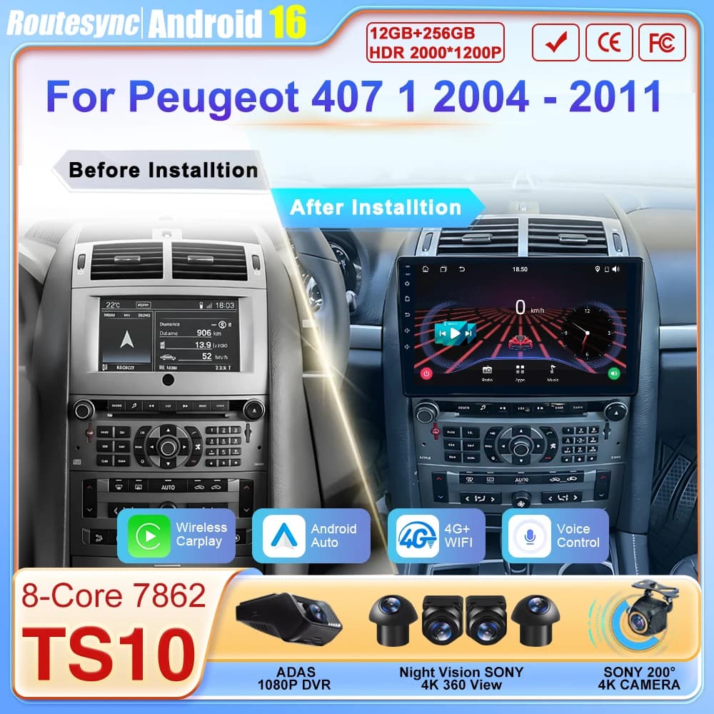 Autoradio Android 16 2din per Peugeot 407 1 2004 - 2011 Touch Screen GPS Navigazione Sistemi Auto Intelligenti Wireless Android Auto DSP