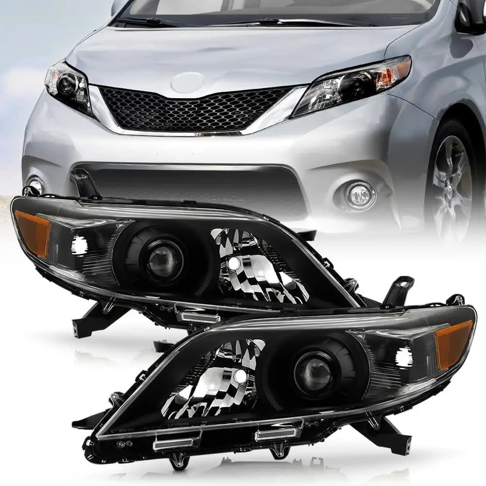Fari anteriori a proiettore neri con luci diurne alogene senza LED per Toyota Sienna 2011-2020, set di ricambio sinistro+destro