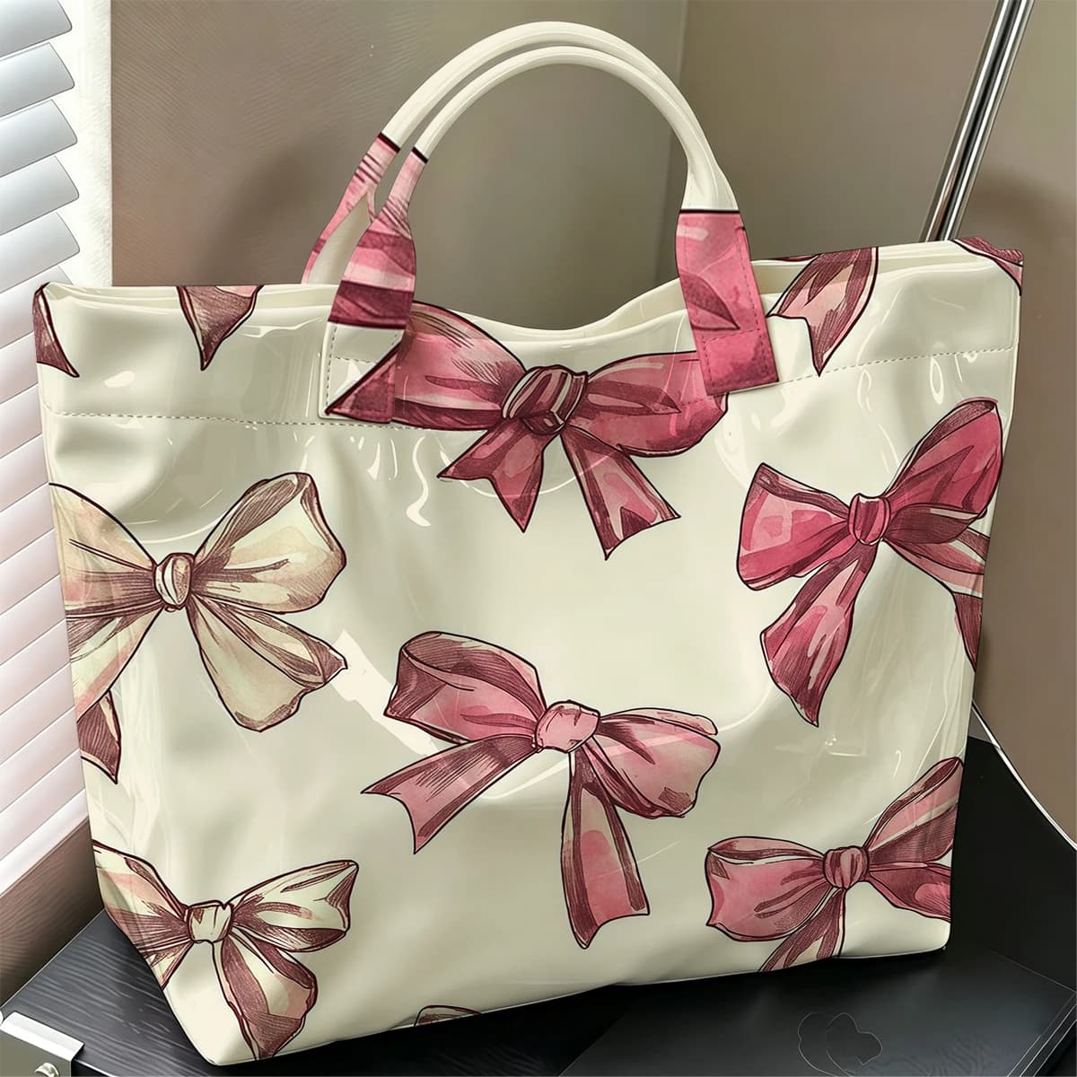 Blush-Tone Watercolor Bow Cute Large Glossy PVC Tote Bag Hand Washable Lightweight Soft Great for Travel Makeup Storage Handbags