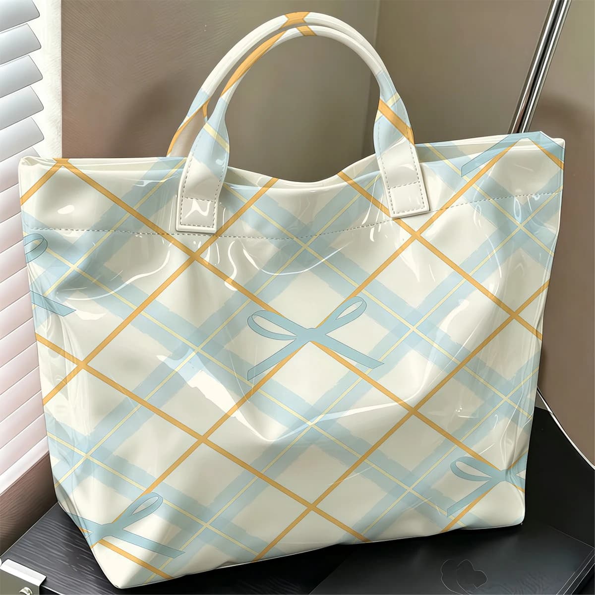 Yellow Blue Bow Stylish Large Glossy PVC Tote Bag Washable Waterproof Durable Ideal for Travel Commute Cosmetics Books Handbags