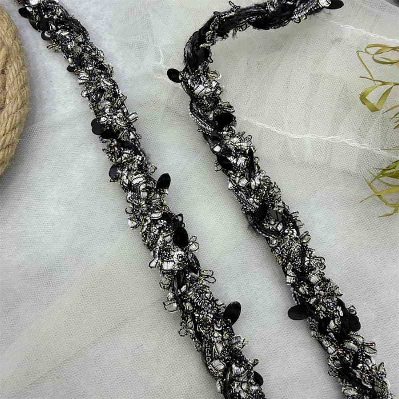 Nastro tessuto con paillettes nero grigio largo 1,5 cm, bordo decorativo per indumenti, tasca, pizzo tweed di lusso, accessori per cucire fatti a mano
