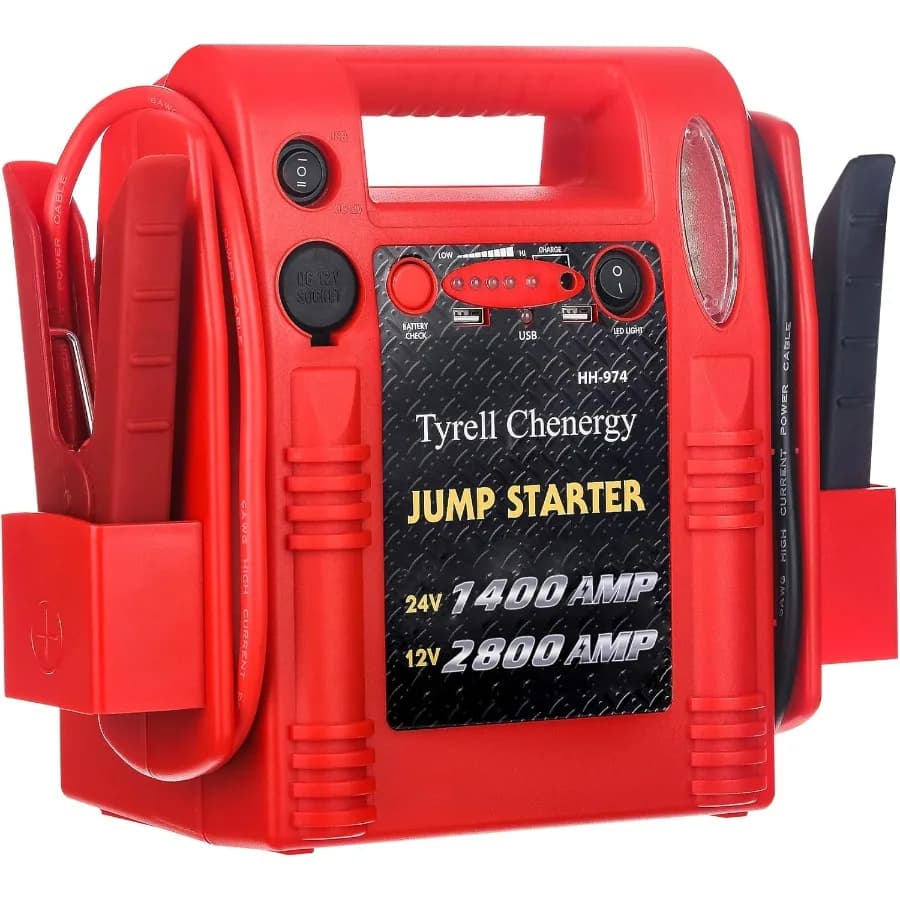 Avviatore di emergenza 12V/24V con pacchetto booster batteria per camion pesanti con amplificatore di picco 2800/1400 con cavi jumper in rame puro Doppio USB