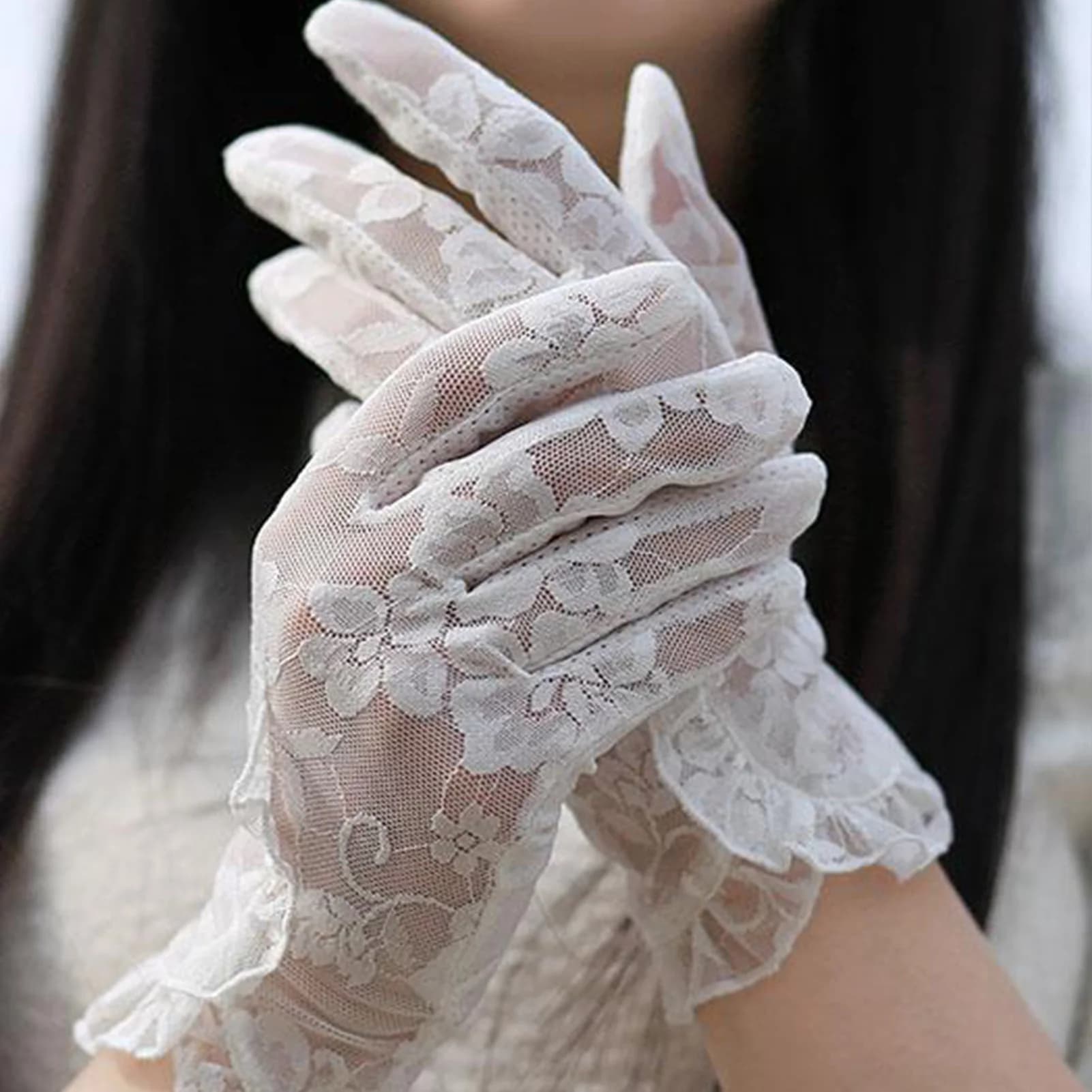 Summer Lace Gloves Ruffle Design Breathable Sun Protection Anti Slip Touch Screen Wedding Dinner Party Evening Gloves