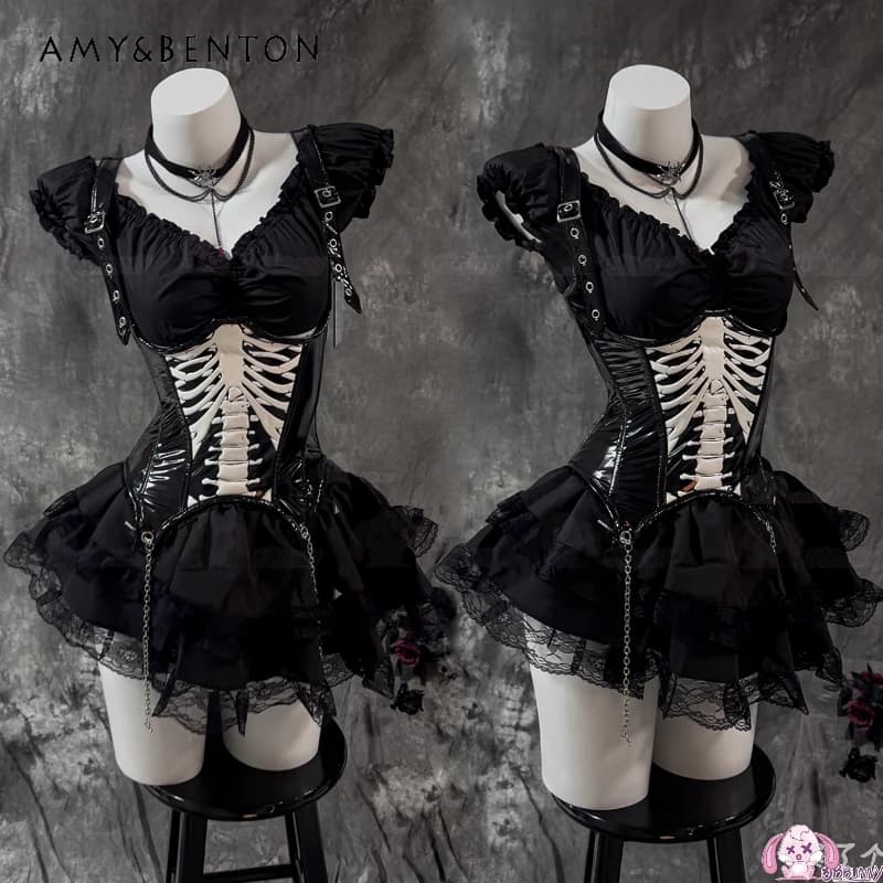 Halloween Gotico Scuro Dolce Manica a sbuffo Top da donna Design originale Gonna con giunture in pizzo Lolita Punk Cincher in vita Set Ladies2025