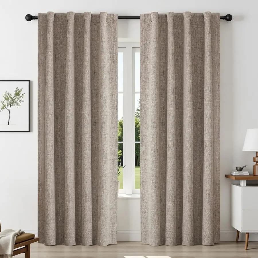 100% Blackout Natural Linen Dark Curtains, Length 84 Inches, Set 2 Panels, with Poster and Pocket Languages for Auction, for Living and Bedroom, Model D
