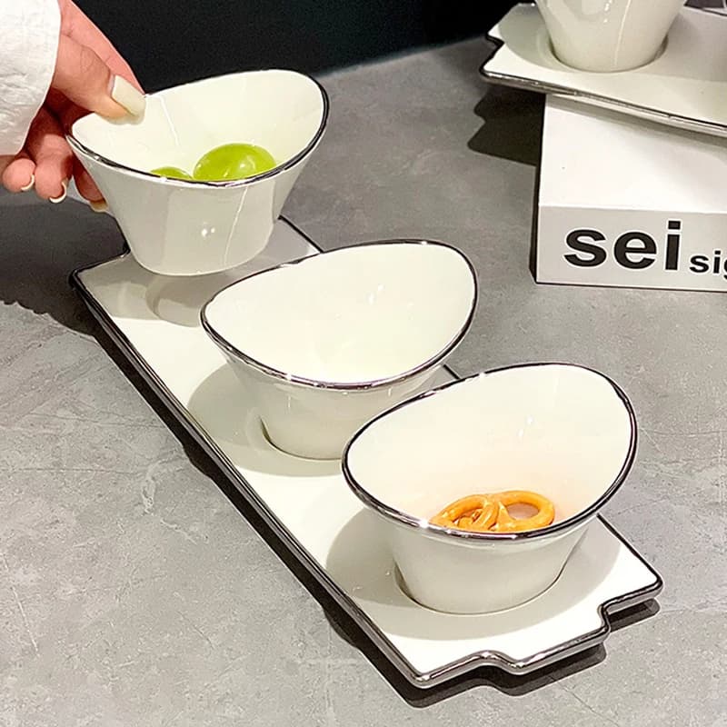Creative White Ingot-shaped Ceramic Bowl Silver Dessert Bowl Ornaments Household Ceramic Dried Fruit Salad Bowl Tableware