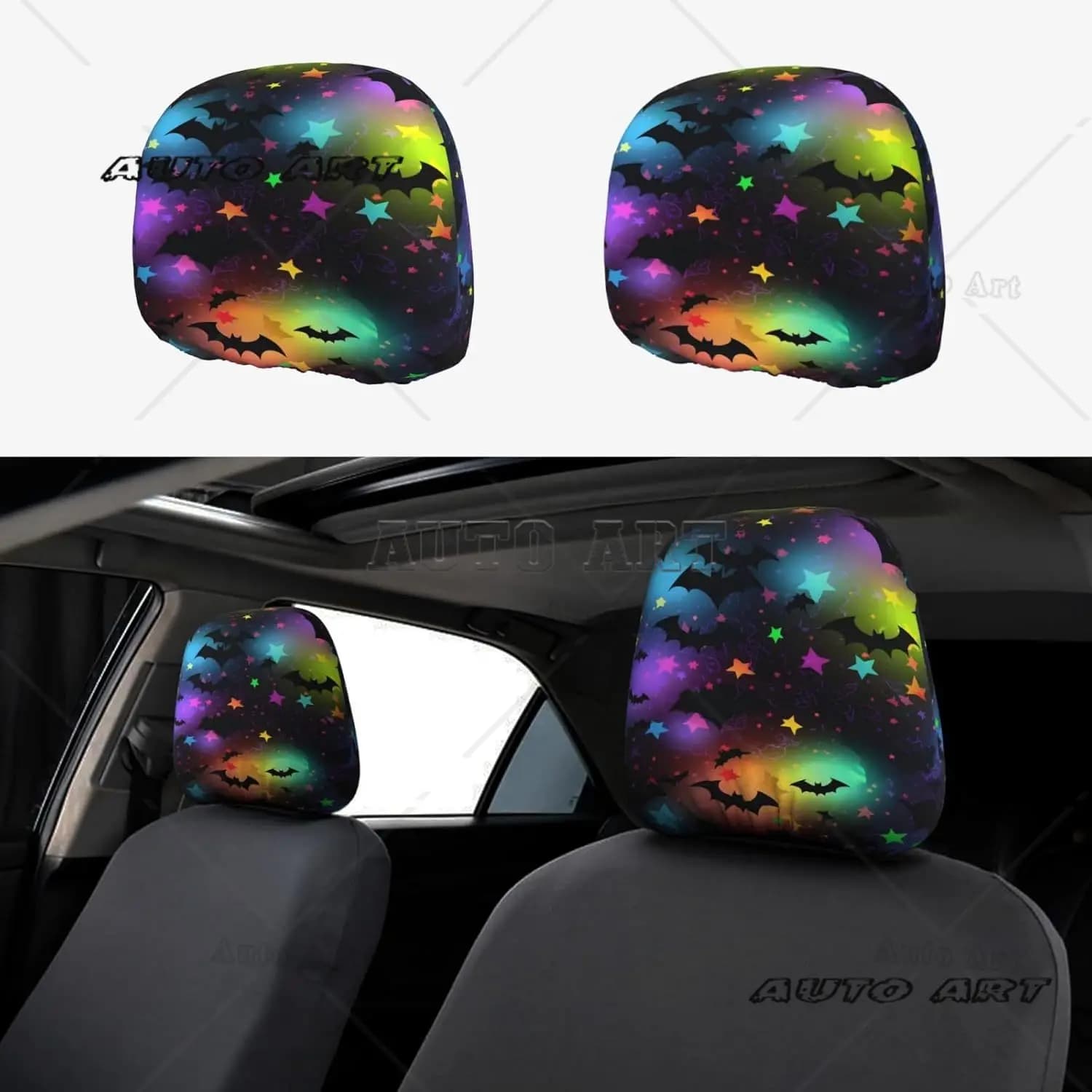 Coloful Stars Halloween Pipistrelli Copri poggiatesta per auto Set di 2 Accessori universali per poggiatesta per sedili automobilistici per camion per auto