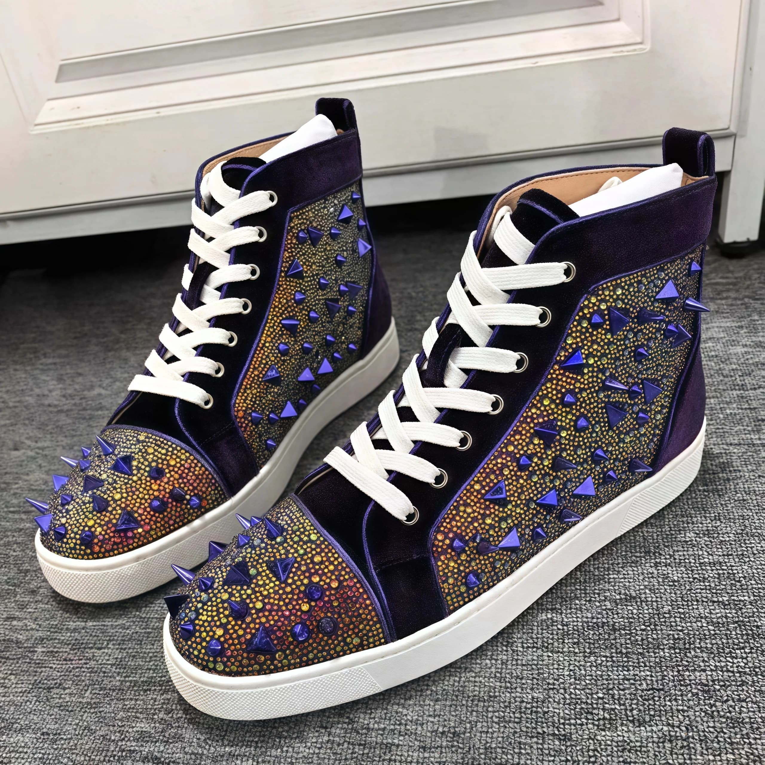 Dark Purple Rivets Men's Sneakers Rhinestones Crystal Flat Sole Casual Sports Shoes Lace-Up Red Sole High-Top Zapatillas Running