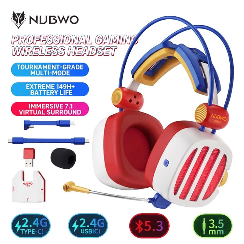 NUBWO HG12 Premium Wireless Gaming Headset 2.4GHz Bluetooth 5.3 Virtual 7.1 Stereo RGB Lights Detachable Mic for PS5,PS4,Switch