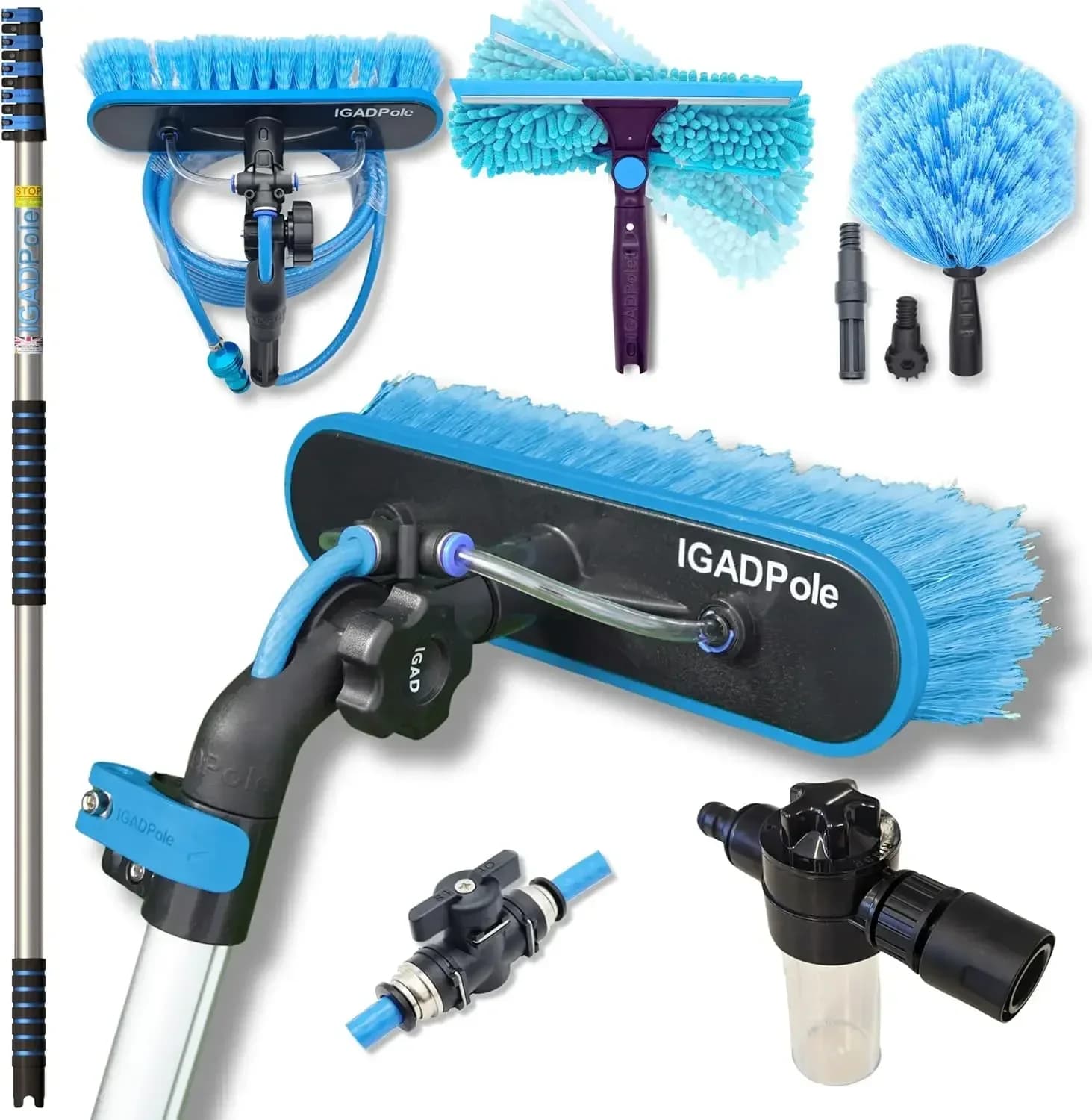 Kit per la pulizia: Spazzola con alimentazione ad acqua, Spolverino per ragnatele, Tergivetro da 10 pollici e Dispenser di sapone, con Asta telescopica a 5 stadi da 5-20 piedi