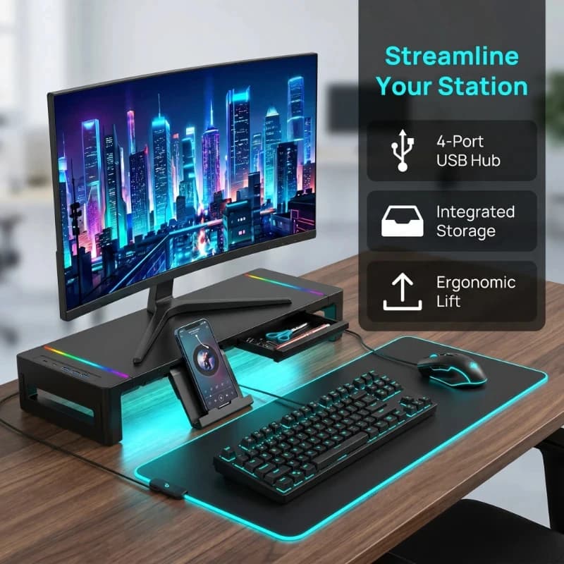 Supporto Ergonomico Pieghevole per Monitor, Organizzatore da Scrivania Regolabile in Altezza con Cassetto, Porta Tablet e Telefono