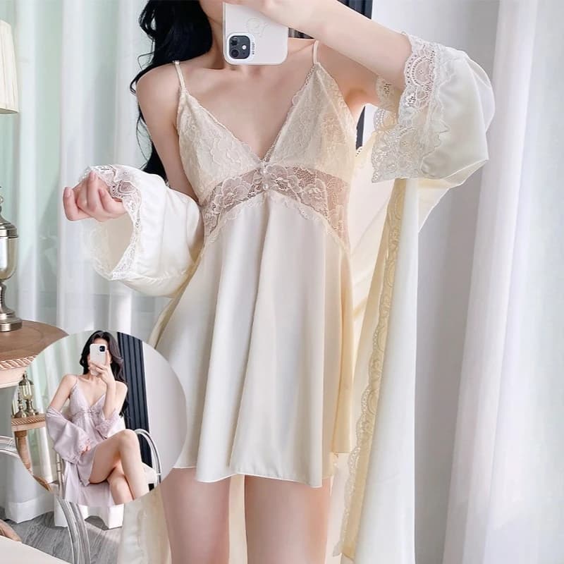 Twinset Set Vestaglia Donna Estiva Kimono Camicia da Notte in Raso di Seta con Pizzo Abbigliamento da Casa