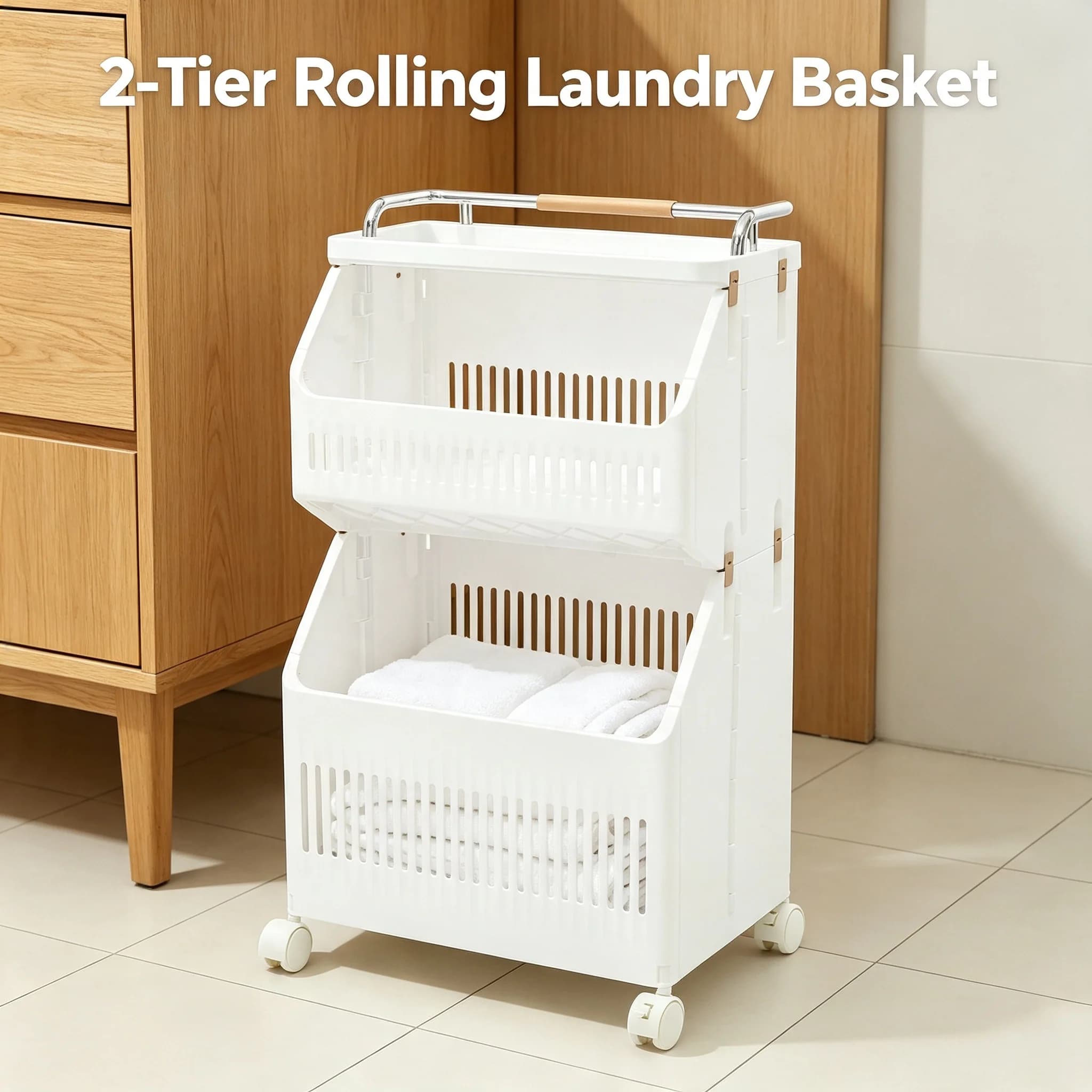 2-Tier Rolling Laundry Basket with Wheels, Collapsible Clothes Hamper with 2 Brakes, PP Material Portable Storage Bin for Bedroom Bathroom Laundry Room, White