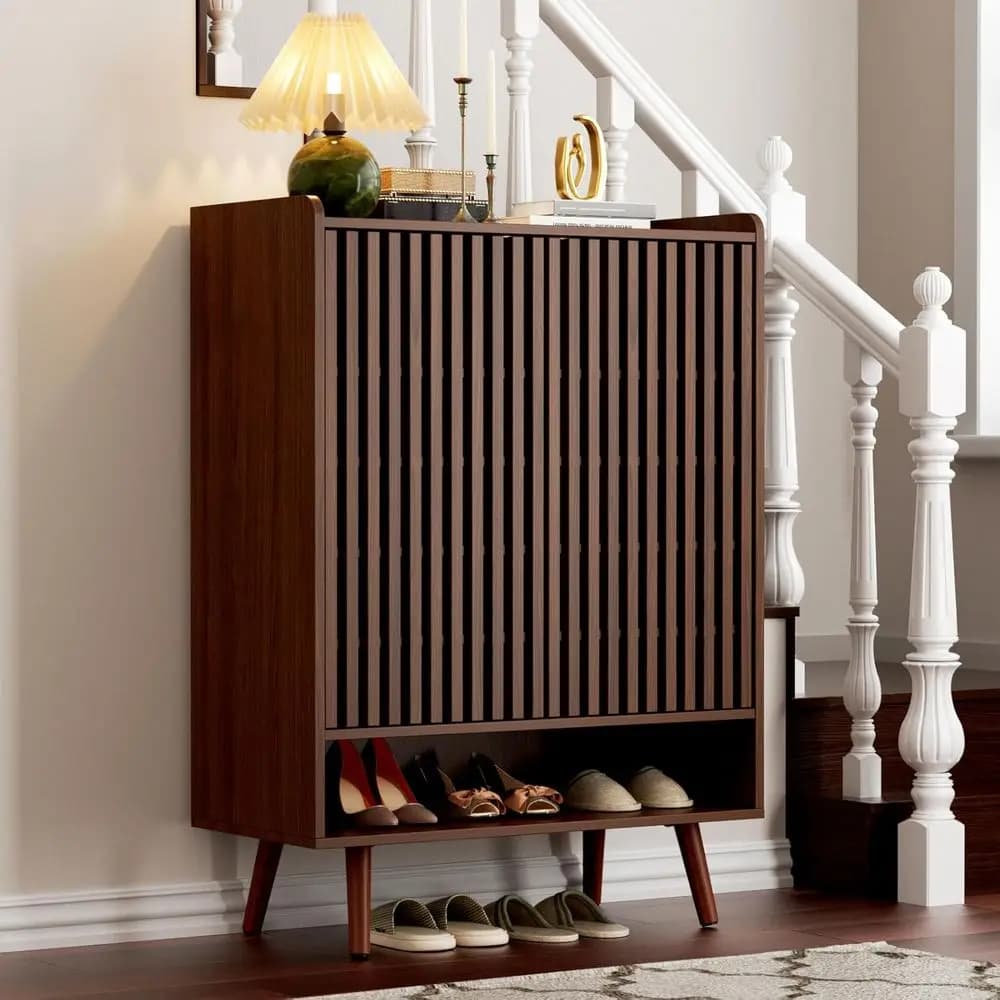 6-Tier Shoe Storage Cabinet with Slatted Do, Walnut | reestanding Shoes Rack Organizer with Adjustable Shelves or Entryway, Hall