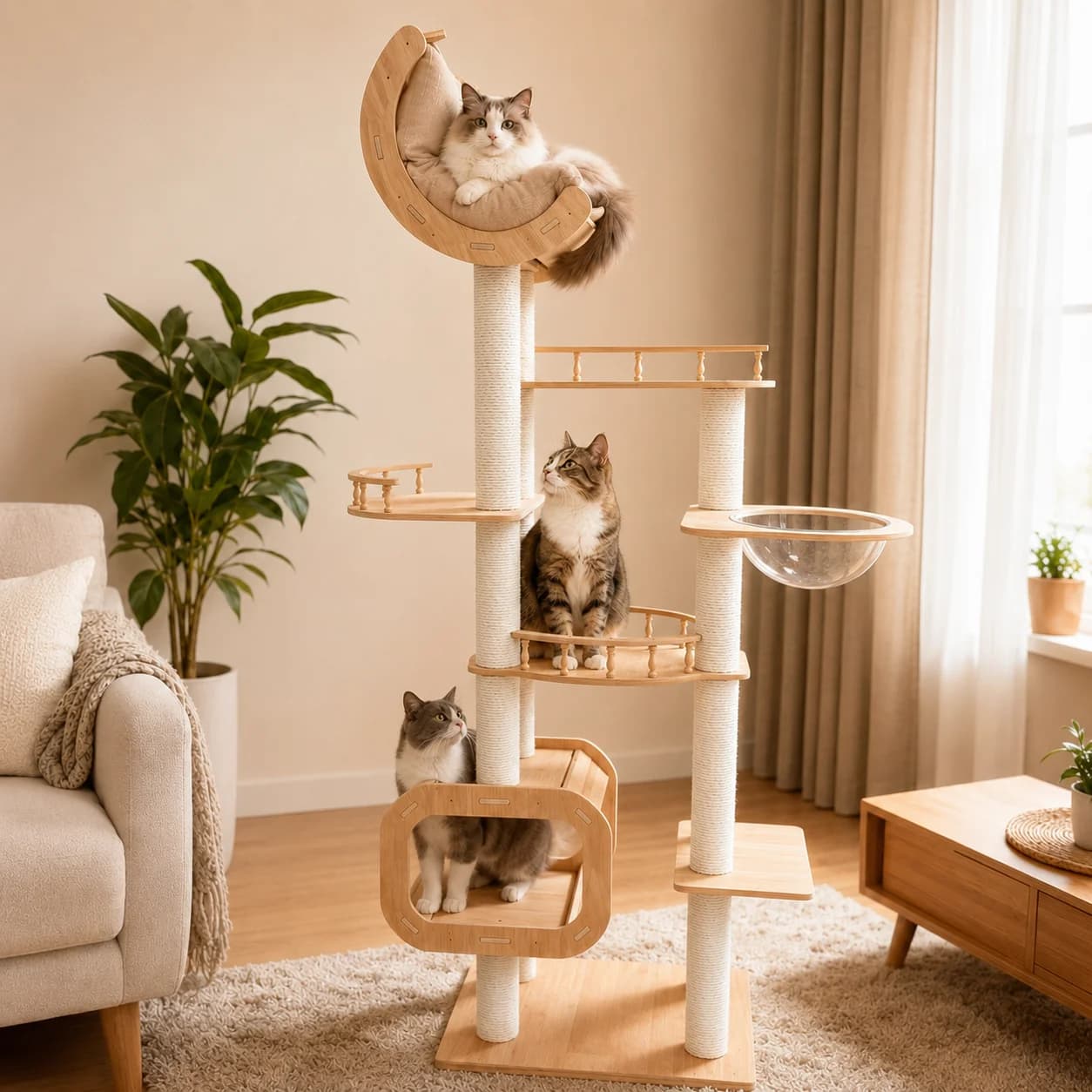 80.3-Inch XXL Cat Tree for Large Cats, Heavy-Duty Stable Wooden Cat Tower for Multiple Cats with Bed, Clear Bowl, Condo and Sisal Scratching Posts