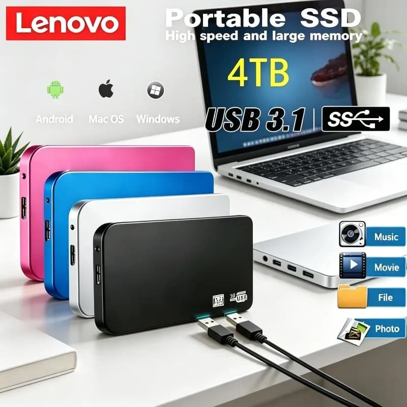 SSD Lenovo per Archiviazione Esterna con Box USB 3.0, Custodia per Disco Rigido Mobile, Cavo USB 3.0, 4TB