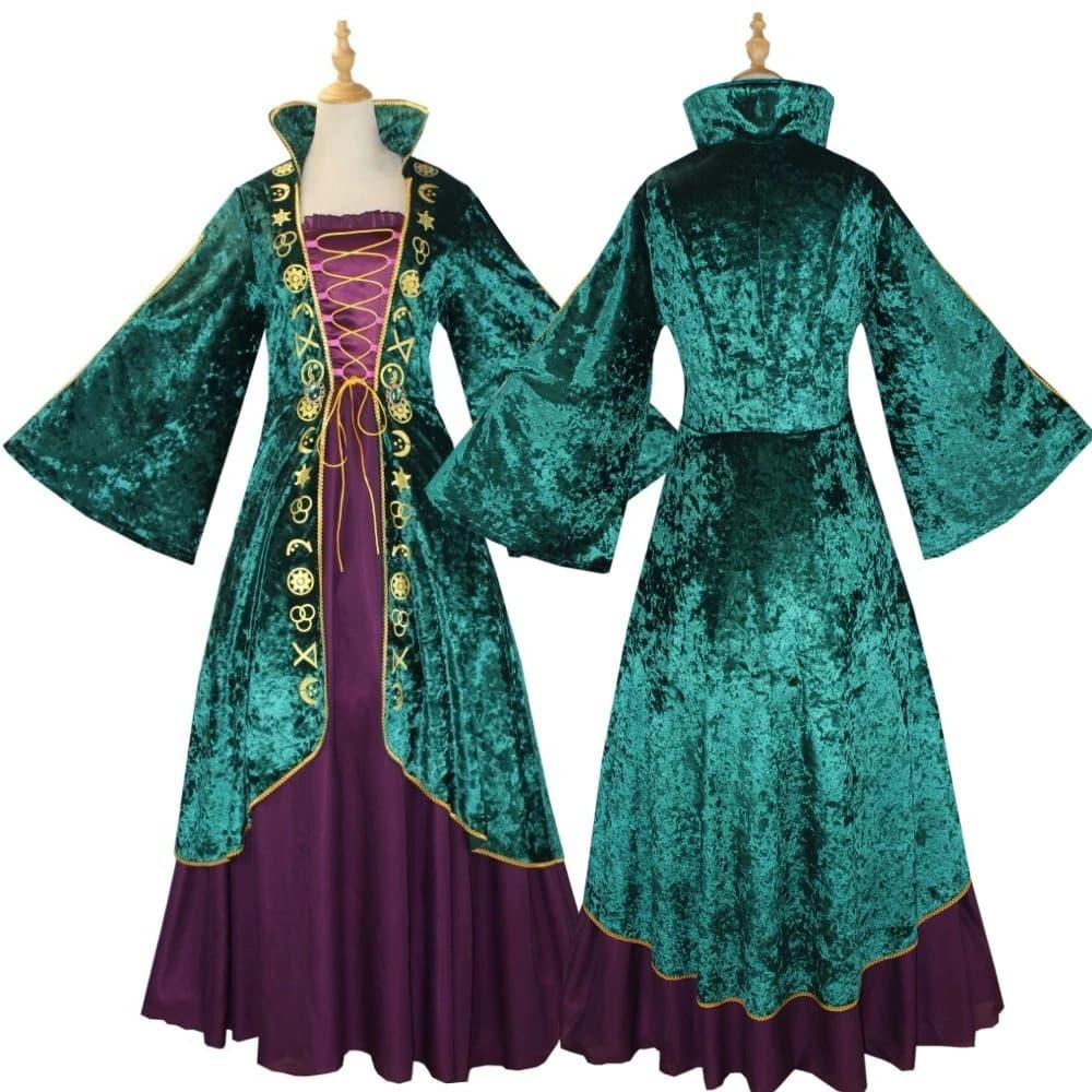 Costume cosplay in velluto medievale Abito lungo da strega Winifred Sanderson Adulti Donne Carnevale di Halloween Stage Travestimento da indossare